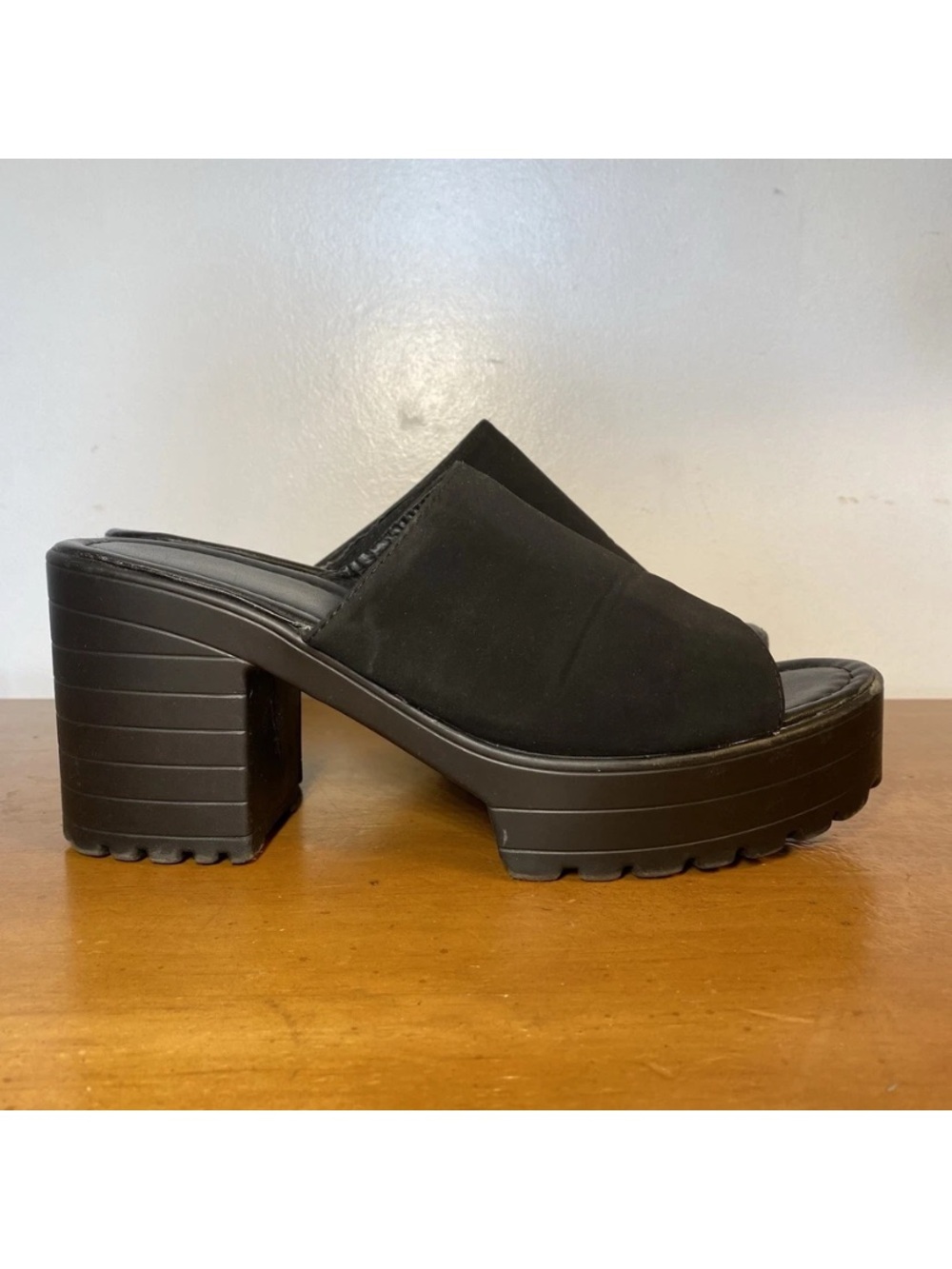 Women’s 9 Platform Slides Sandals Open Toe Block Heel Slip On Black Fabric